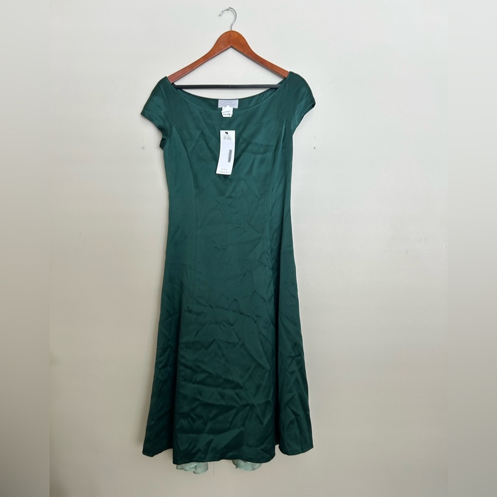 Barneys New York Forest Green Silk Midi Cap-Sleeve Dress